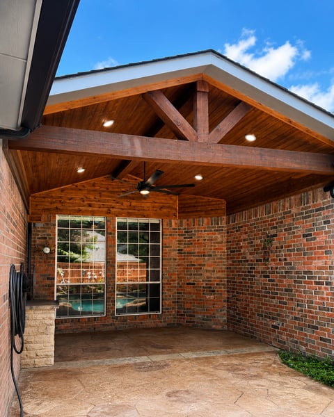 Post free attached patio cover with cedar beam and cedar tongue and groove ceiling in Allen Texas