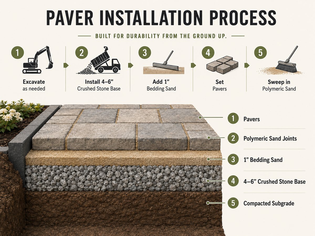 Paver installation process graphic showing excavation, crushed stone base, bedding sand, pavers, and polymeric sand